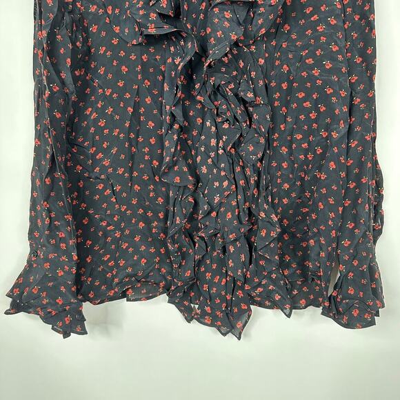 2/$30 ZARA Ruffle Button Down Blouse Rose Print Black Large #8185 - Picture 6 of 10